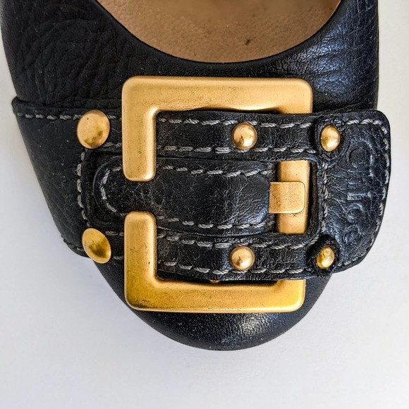 Chloe Black Heels with Gold Buckle and Wooden Heel - Picture 3 of 15